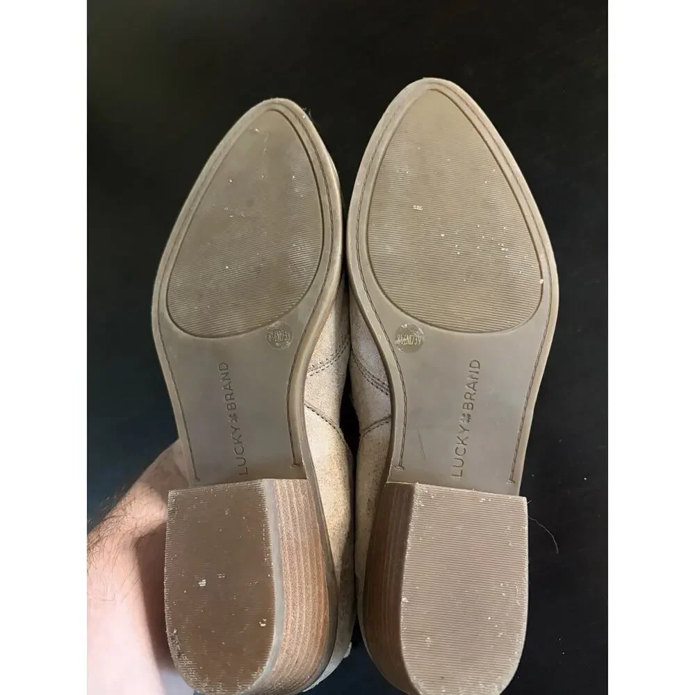Lucky Brand Suede Mules Booties Womens 8.5 Taupe Slip On Western Boho Leather
